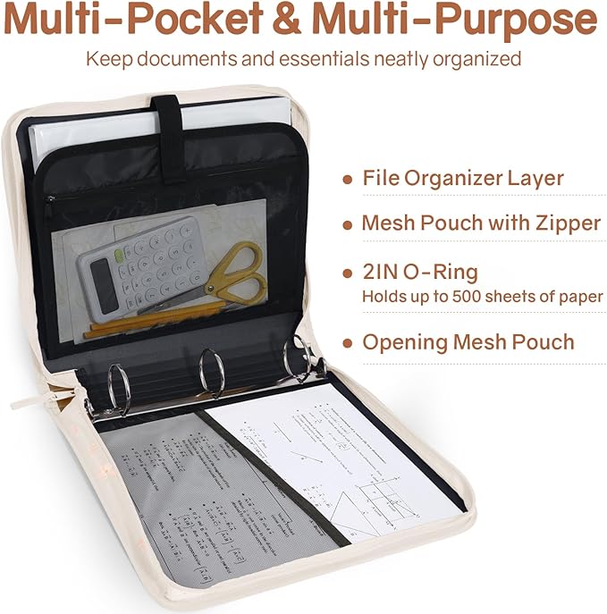 SUNEE Zippered Binder Bag with Handle, 2-Inch 3-Ring O-Ring, 500-Sheet Capacity - Image 3