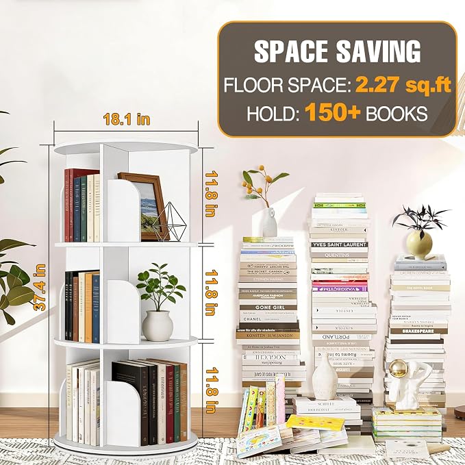 RUNSUNSPRI 3 Tier Rotating Bookshelf Tower Spinning Bookshelf Revolving - Image 2