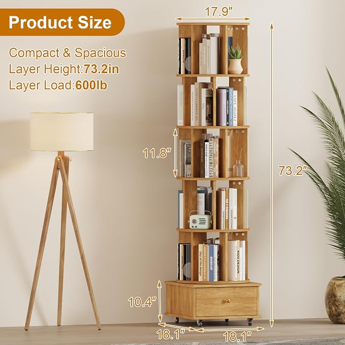 Rotating Bookshelf with Drawers on Lockable Wheels Wood Oak | 6 Tier Spinning - Image 2