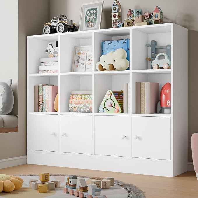 Cozy Castle White Wood Bookcase, 12 Cube Storage Organizer Bookshelf - Image 3