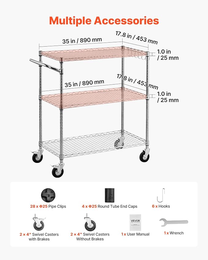 VEVOR Kitchen Utility Cart, 3 Tier Heavy Duty Adjustable Wire Storage Rack - Image 5