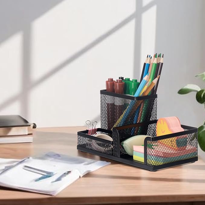 Comix Mesh Pen Pencil Holder Desk Organizer, 3 Compartment Wire Desktop Pen - Image 8
