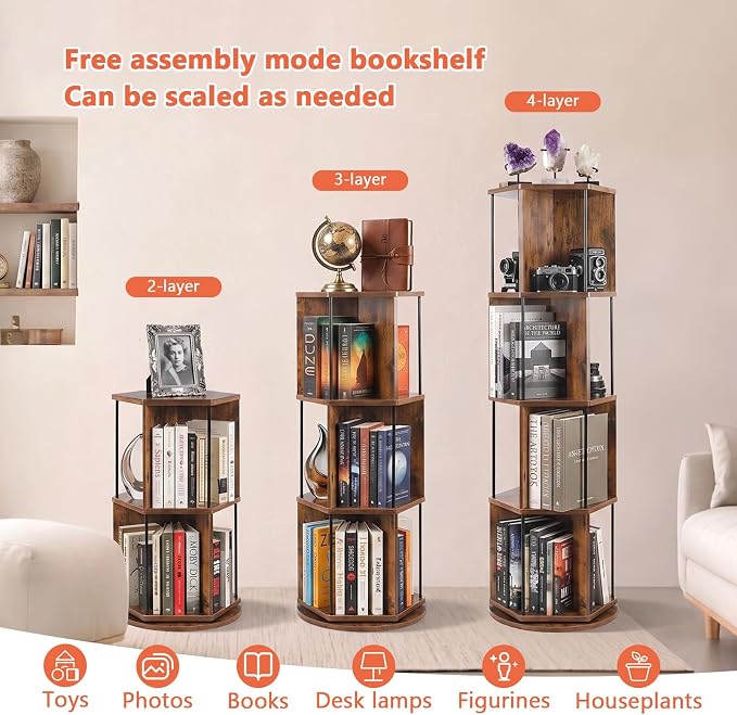 VIWODS 4 Tier Rotating Bookshelf Tower, 360° Display Spinning Bookcase - Image 6
