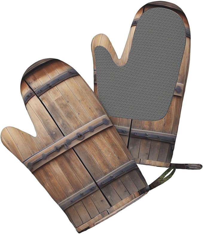 Rustic Antique Wooden Door Print Oven Mitts Set of 2, Heat Resistant Silicone - Image 3