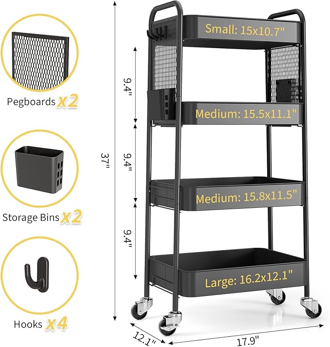 TOOLF 4 Tier Rolling Cart with Pegboard, Metal Storage Organizer Cart with - Image 9