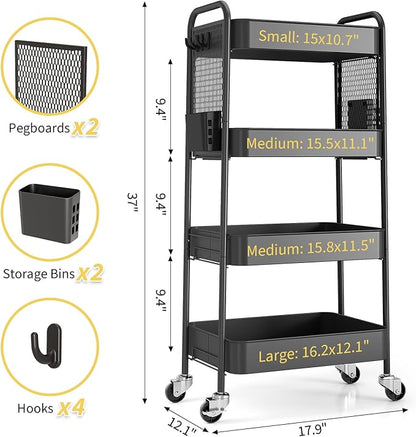 TOOLF 4 Tier Rolling Cart with Pegboard, Metal Storage Organizer Cart with - Image 9