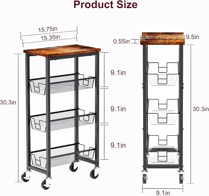 Slim Rolling Cart, 4-Tier Storage Cart, 9.1inch Narrow Kitchen Rolling Cart on - Image 4