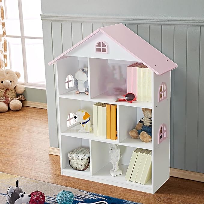 Wooden Dollhouse Bookshelf 4-Tier Kids Bookcase, Toy Storage Organizer & - Image 7