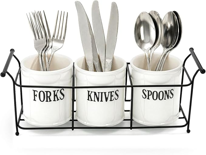 Bekith 3-Piece White Ceramic Silverware Caddy - Image 3