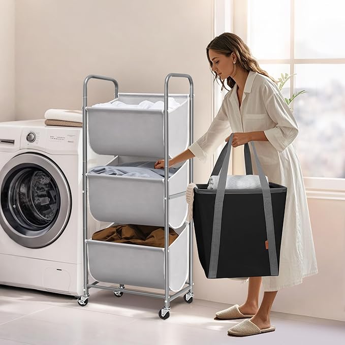 STORAGE MANIAC 120 Liters Vertical Rolling Laundry Hamper, 3 Section Laundry - Image 2