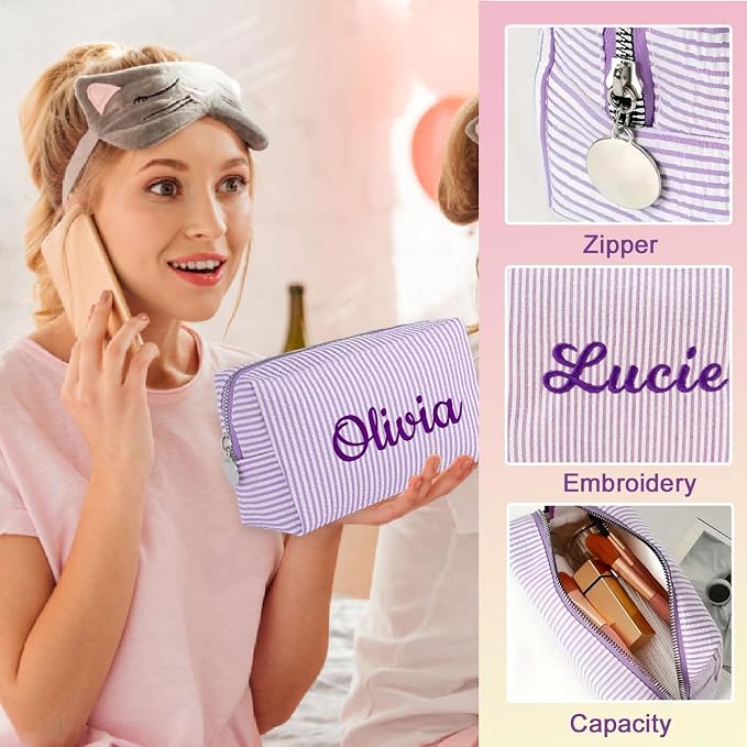 Personalized Seersucker Makeup Bag - Image 3