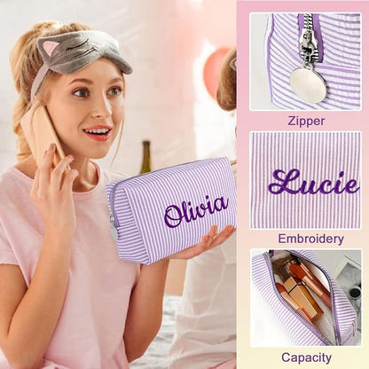 Personalized Seersucker Makeup Bag - Image 3