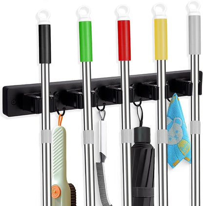 Broom Holder Wall Mount With 5 Slots & 4 Hooks，Rustic Wood Broom & Mop by FunCee