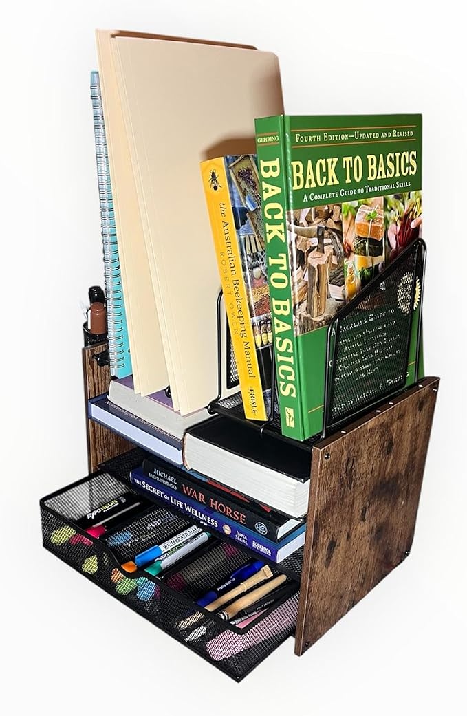 4-Tier Wood & Metal Desk Organizer – Vertical File Tray, Pen Holder & Drawer | - Image 7