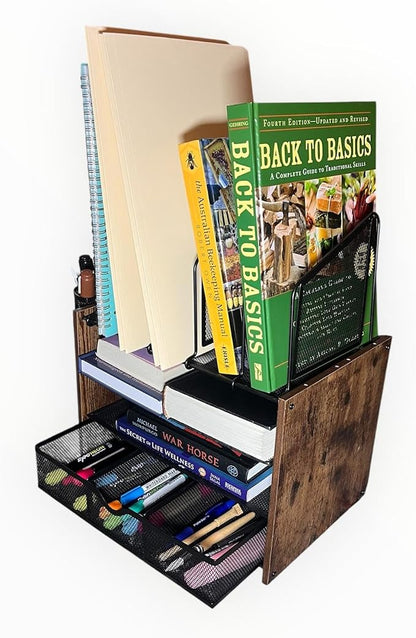 4-Tier Wood & Metal Desk Organizer – Vertical File Tray, Pen Holder & Drawer | - Image 7
