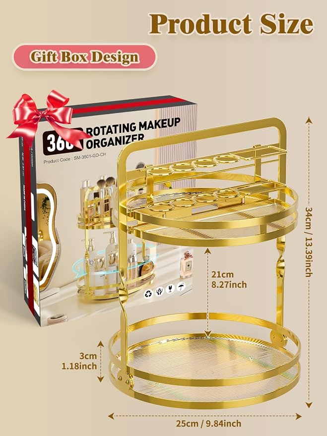 360° Rotating Makeup Organizer, 2-Tier Gold Perfume Organizer - Image 4