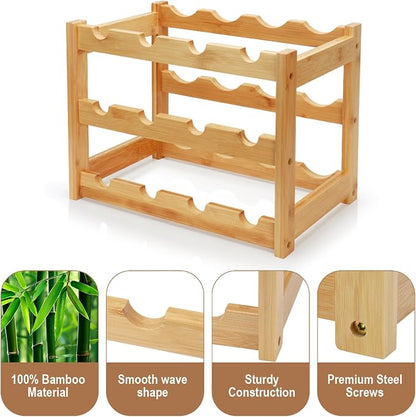 Bamboo Wine Rack, 3-Tier 12 Bottles Wine Storage Cabinet Shelf, Easy-Assembly - Image 6