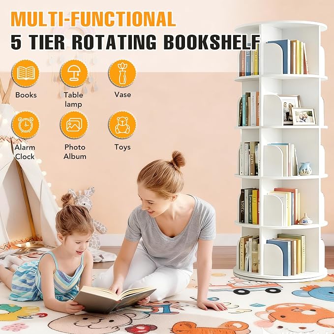 RUNSUNSPRI 5 Tier Rotating Bookshelf Tower, Spinning Bookshelf, Revolving 360° - Image 3