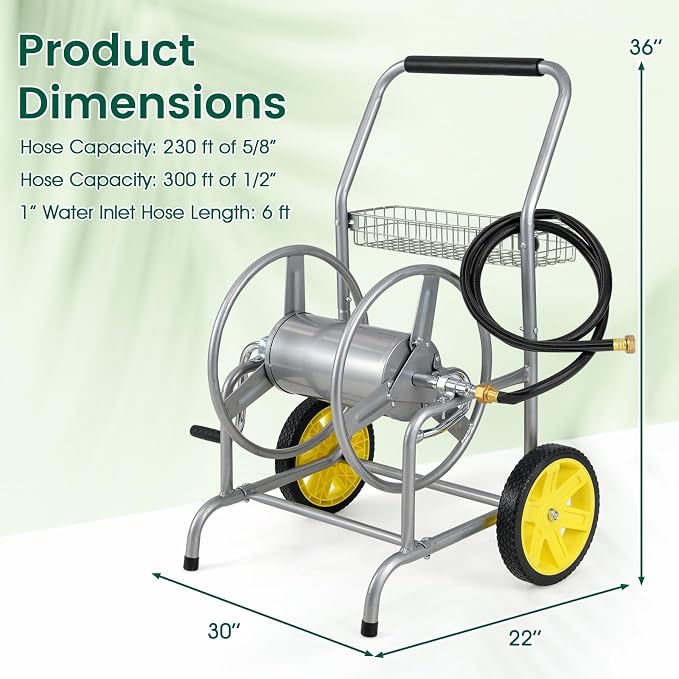 Goplus Garden Hose Reel Cart, 230ft 5/8" or 300ft 1/2" Heavy-Duty Metal Hose - Image 5