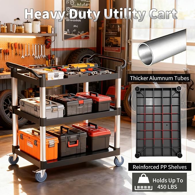 3 Tier Rolling Cart with Hair-Proof Wheels, Plastic Utility Service Cart - Image 4