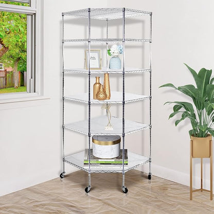 6 Tiers Polygonal Corner Shelf, Metal Storage Standing Rack w/Wheels, Wire - Image 2