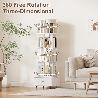 4-Tier Rotating Bookshelf with Drawers on Wheels, 360° Spinning Corner Bookcase - Image 6