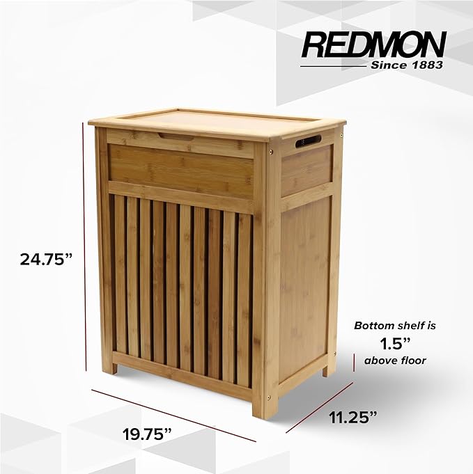 Redmon Bamboo Top Load Full Size Clothes Hamper, Side Handles, Double Hinged - Image 3