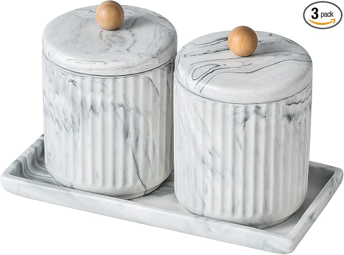 Marble Small Bathroom Jar Set ，Ceramic Cotton Swabs Holder by Redelaenor
