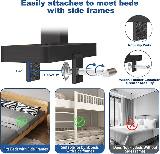 Bedside Shelf for Bed Frame, Clamp On Bedside Table Organizer, Dorm Room - Image 7