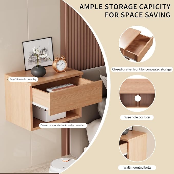 Floating Nightstand, Modern Wall Mounted Bedside Table - Image 4
