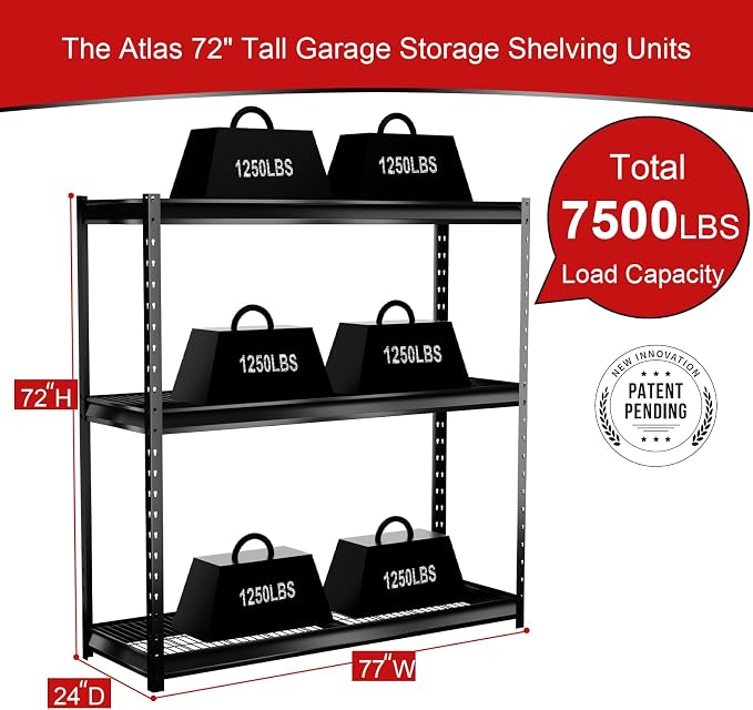 The Atlas 72" H Metal Garage Shelving Unit, 3-Tier Heavy Duty Storage Shelves - Image 3