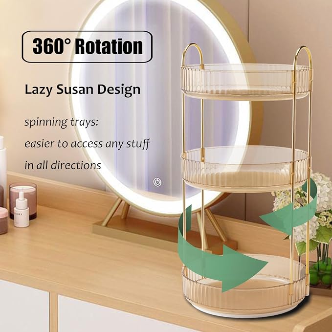 Rotating Makeup Organizer Countertop 3 Tier Lazy Susan Trays Clear Skincare - Image 2