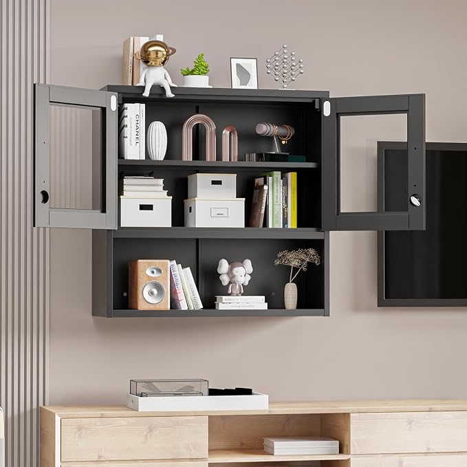 VINGLI Metal Wall Cabinet with Locking Glass Doors, Adjustable Shelf, Wall - Image 2