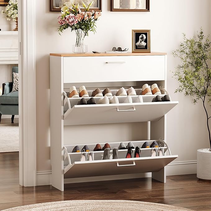 VINGLI Set of 2 Shoe Cabinet for Entryway, Modern White Shoes Rack - Image 3