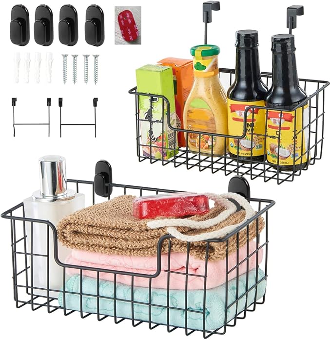 JUNCHU CHERRY Wire Storage Basket 2 Packs, Wall Mounted Kitchen Bathroom by JUNCHUCHERRY