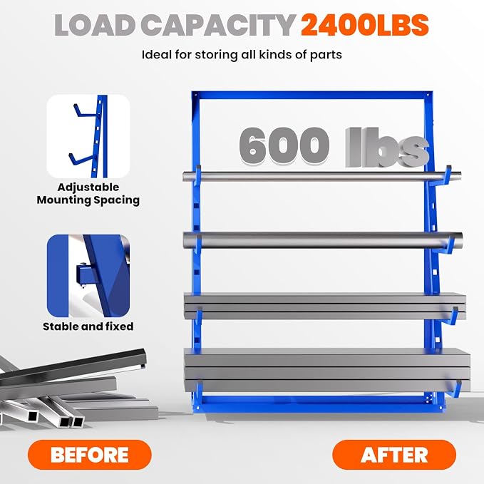 48x16x62'' Heavy Duty 4 Tiers Horizontal Lumber Storage Rack, 2400lbs Load - Image 5