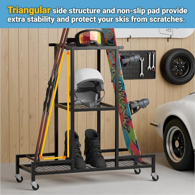 Standing Ski Storage Rack, Holds Snowboards & Skis, 3-Tier Organizer - Image 5