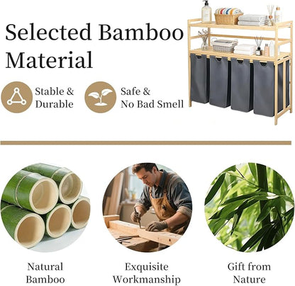 Bamboo Laundry Hamper with Shelf 200L, Laundry Basket 2-Tier with 4 Pull-Out - Image 5