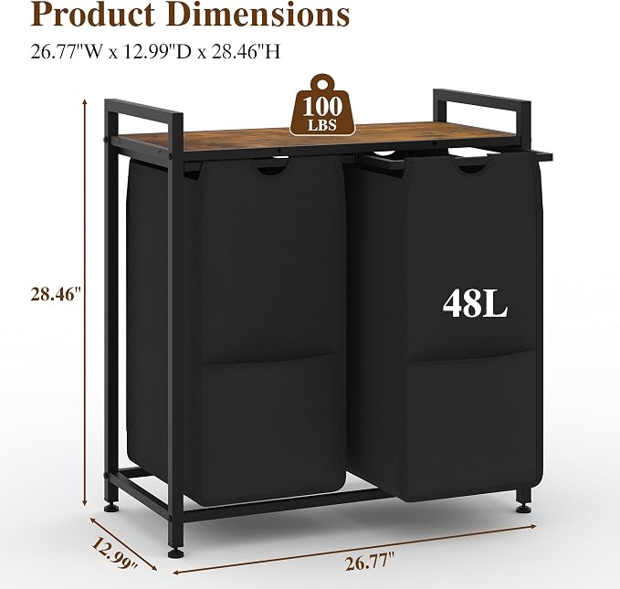 2-Section Laundry Hamper with Shelf, Pull-Out Removable 12.8 gal Bags, Metal - Image 2