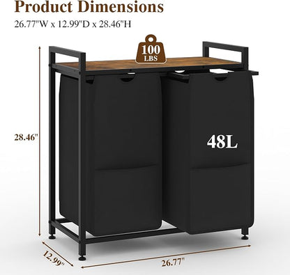 2-Section Laundry Hamper with Shelf, Pull-Out Removable 12.8 gal Bags, Metal - Image 2
