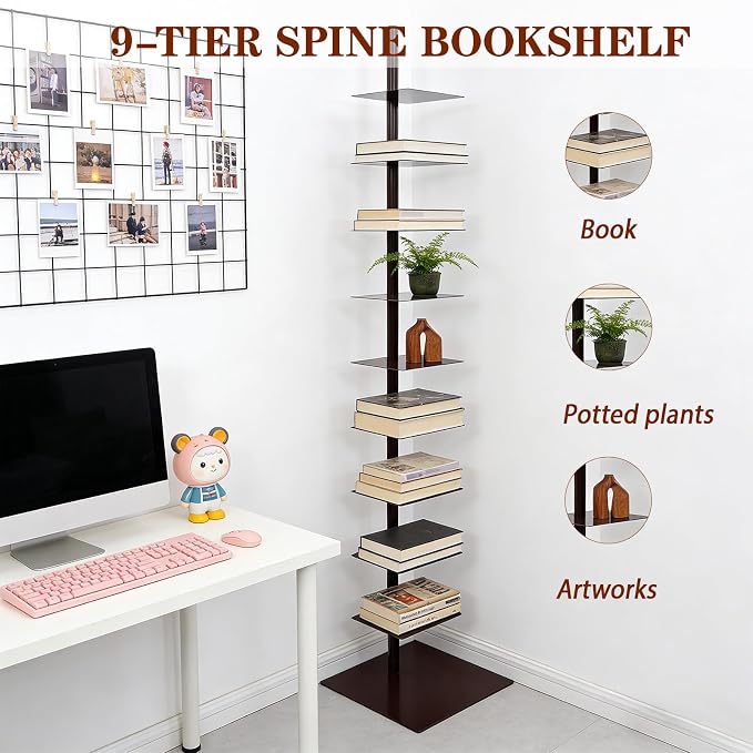 9 Tier Metal Spine Bookshelf Tower, Adjustable Vertical Tower - Image 4
