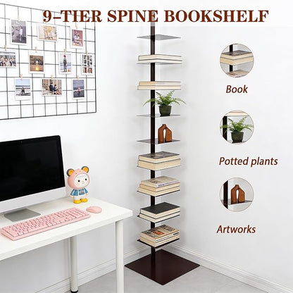9 Tier Metal Spine Bookshelf Tower, Adjustable Vertical Tower - Image 4