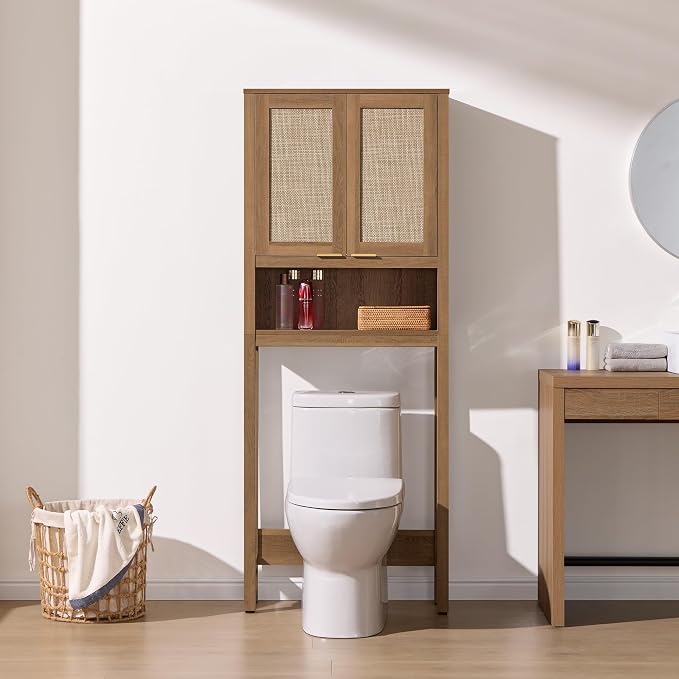 SICOTAS Over the Toilet Storage Cabinet, Rattan Door Bathroom Organizer | - Image 3