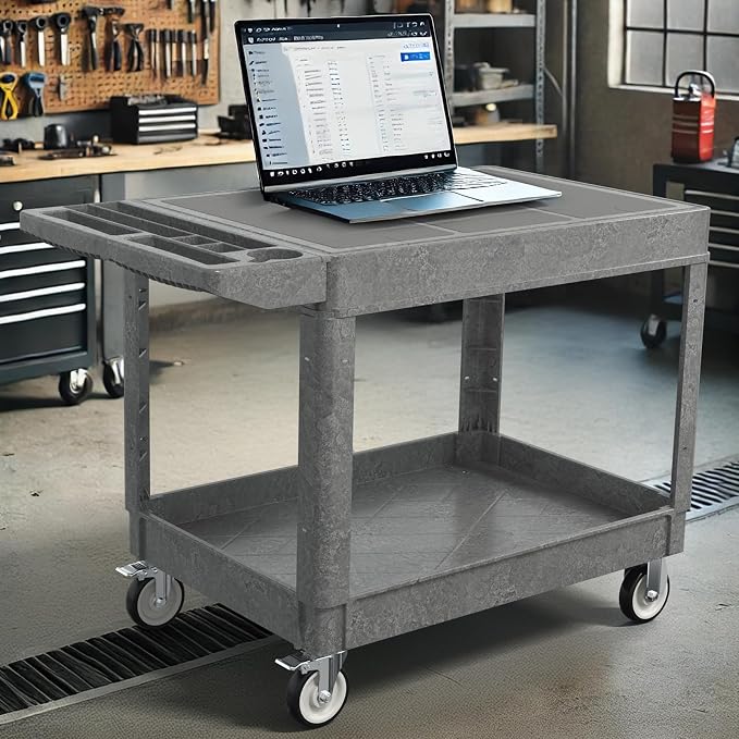 Large Garage Flat Top Utility Cart, Heavy Duty 2 Shelf Tool Cart Service Cart - Image 2