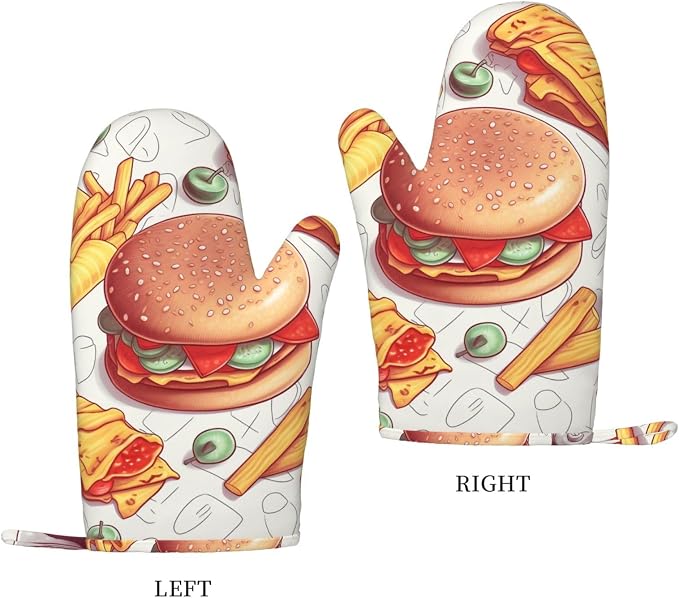 Fast Food Print Oven Mitts Set of 2, Heat Resistant Silicone Oven Mittens Gloves - Image 2