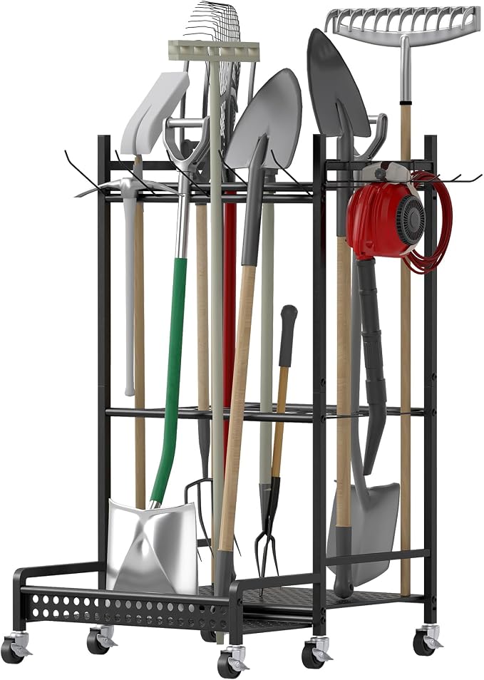 Garden Tool Organizer with Wheels, Heavy-Duty Steel Garage Tool Storage Rack by Unknown