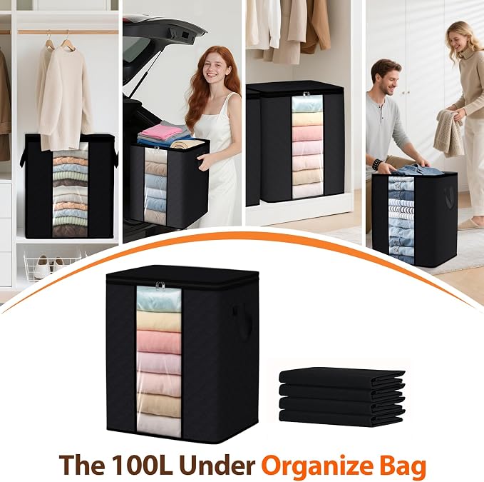 SpaceWhisper 4 Pack 100L Clothes Storage, Foldable Thick Fabric Blanket Storage - Image 6