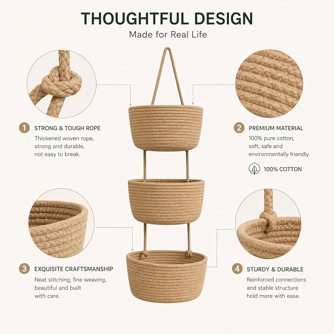 3-Tier Over the Door Hanging Basket, Cotton Rope Woven Decorative Hanging - Image 4