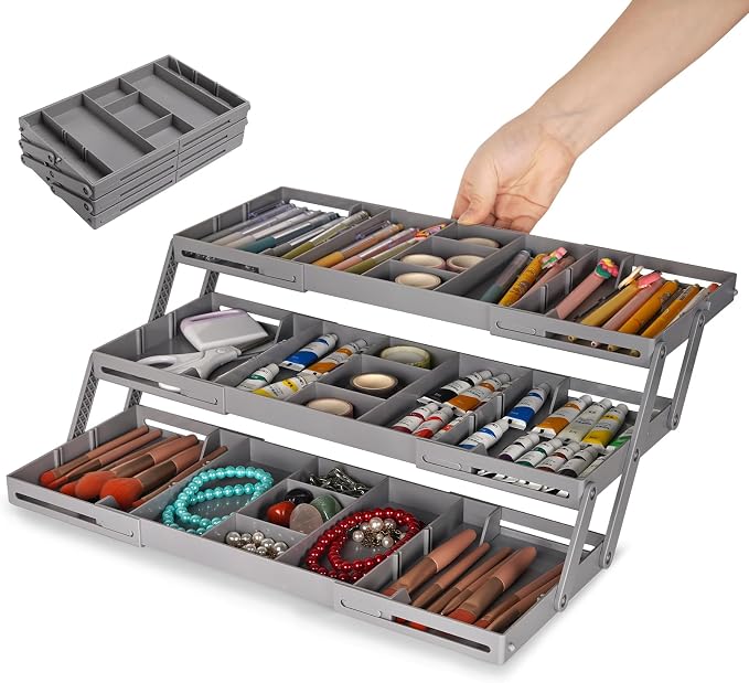 3 Tier Drawer Organizer Versatile Expandable Junk Drawer Organizer Grey | by Lucasden