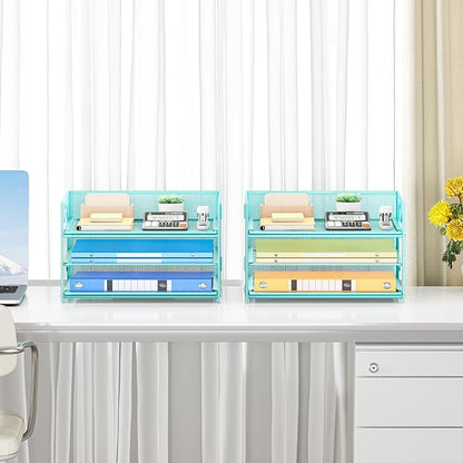 Subekyu 2-Pack 3-Tier Blue Metal Mesh Desk Paper Letter Tray & File Sorter - Image 6